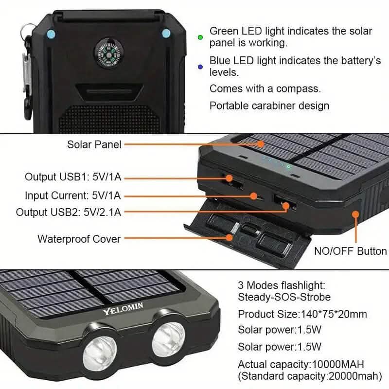 USB Tragbares Ladegerät 10000mAh Solar Powerbank für Handy und Laptops