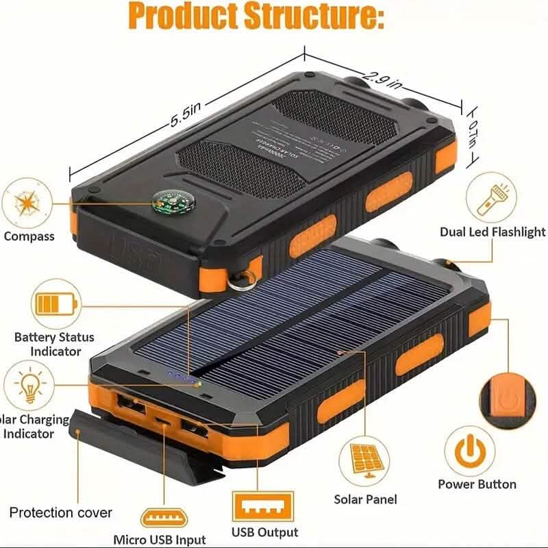USB Tragbares Ladegerät 10000mAh Solar Powerbank für Handy und Laptops