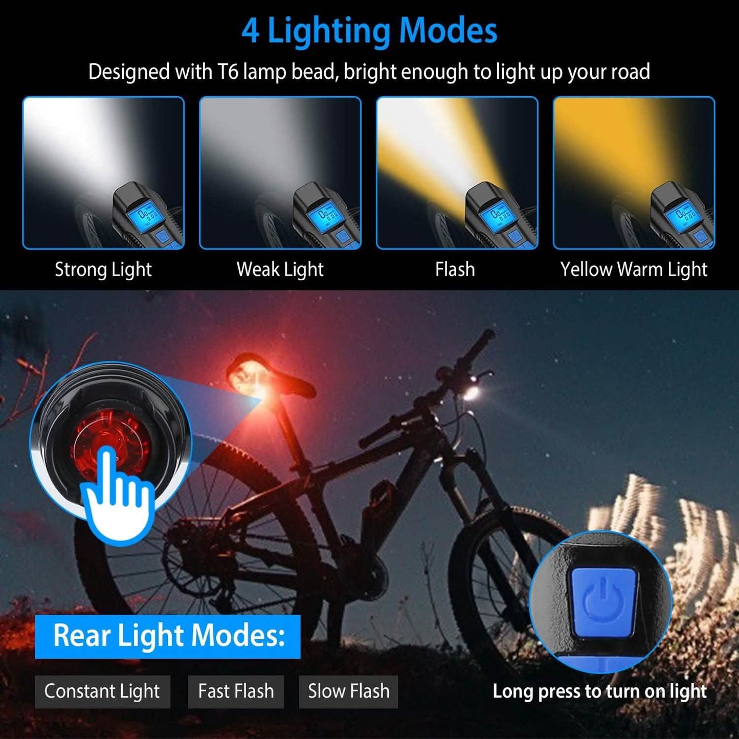 USB wiederaufladbares Fahrradlicht-Set mit Tachometer und Kilometerzähler