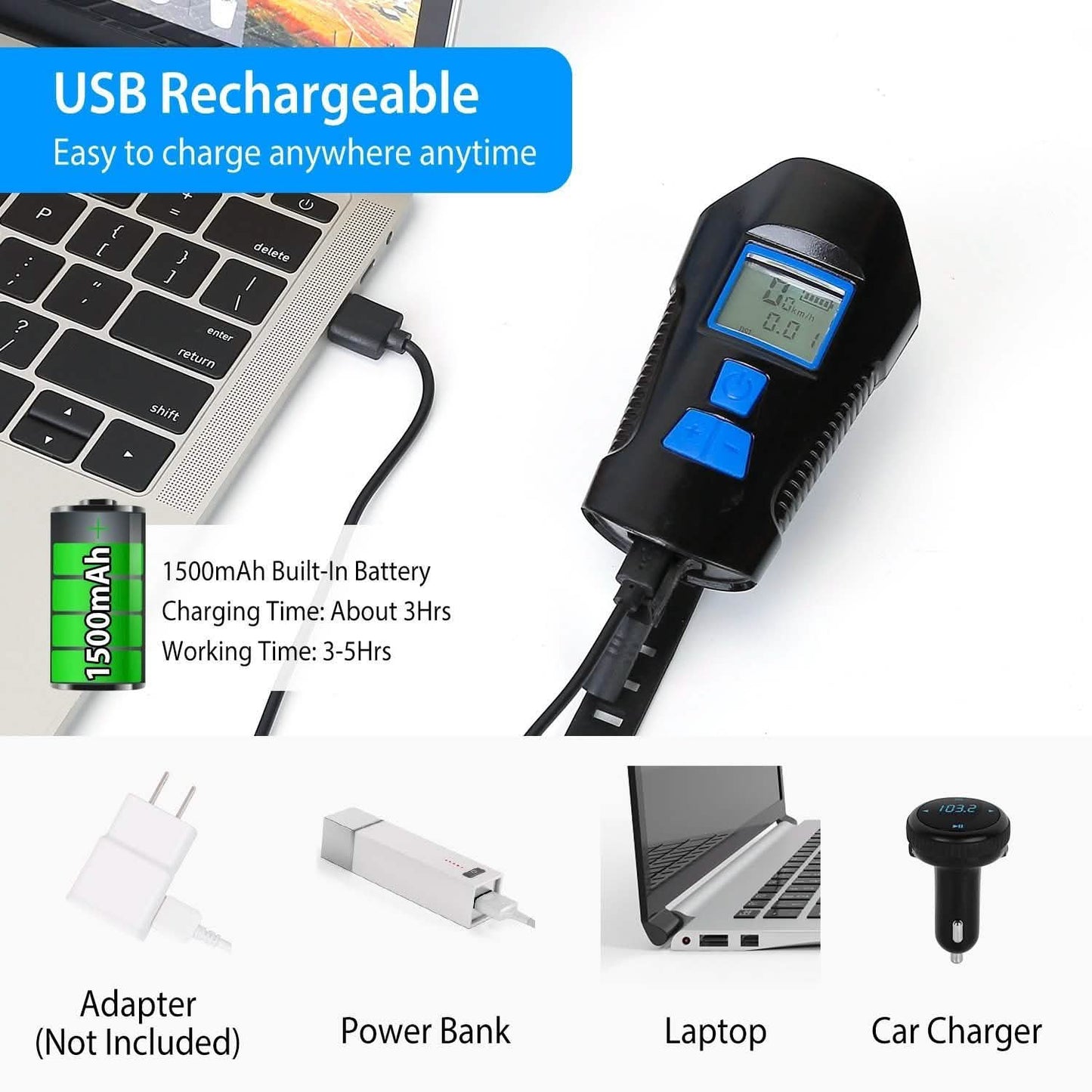 USB wiederaufladbares Fahrradlicht-Set mit Tachometer und Kilometerzähler