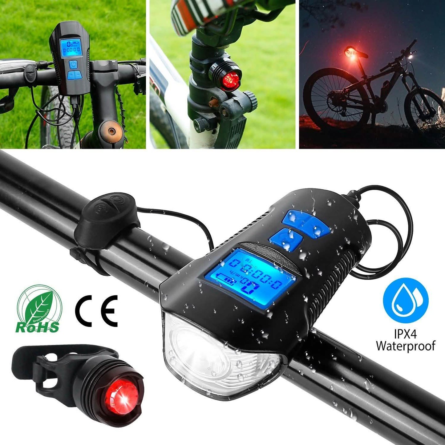USB wiederaufladbares Fahrradlicht-Set mit Tachometer und Kilometerzähler