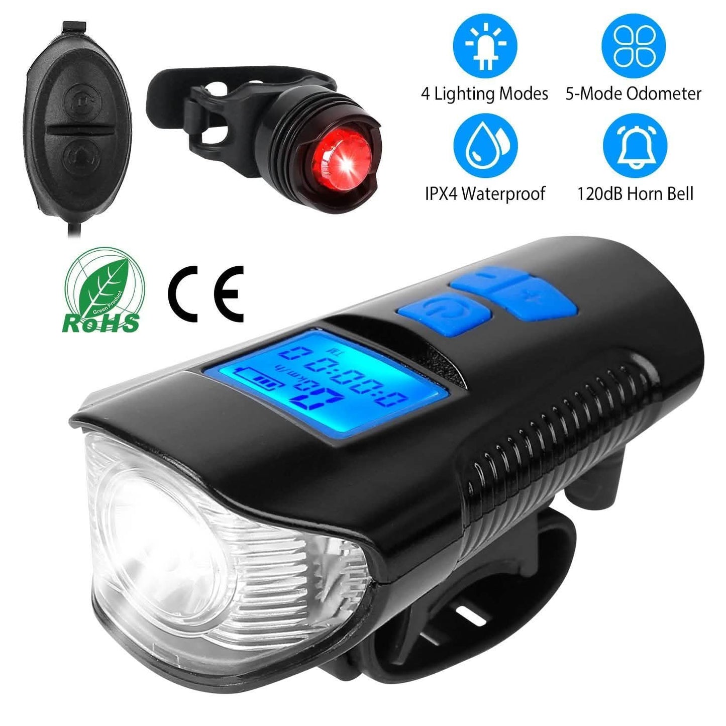 USB wiederaufladbares Fahrradlicht-Set mit Tachometer und Kilometerzähler