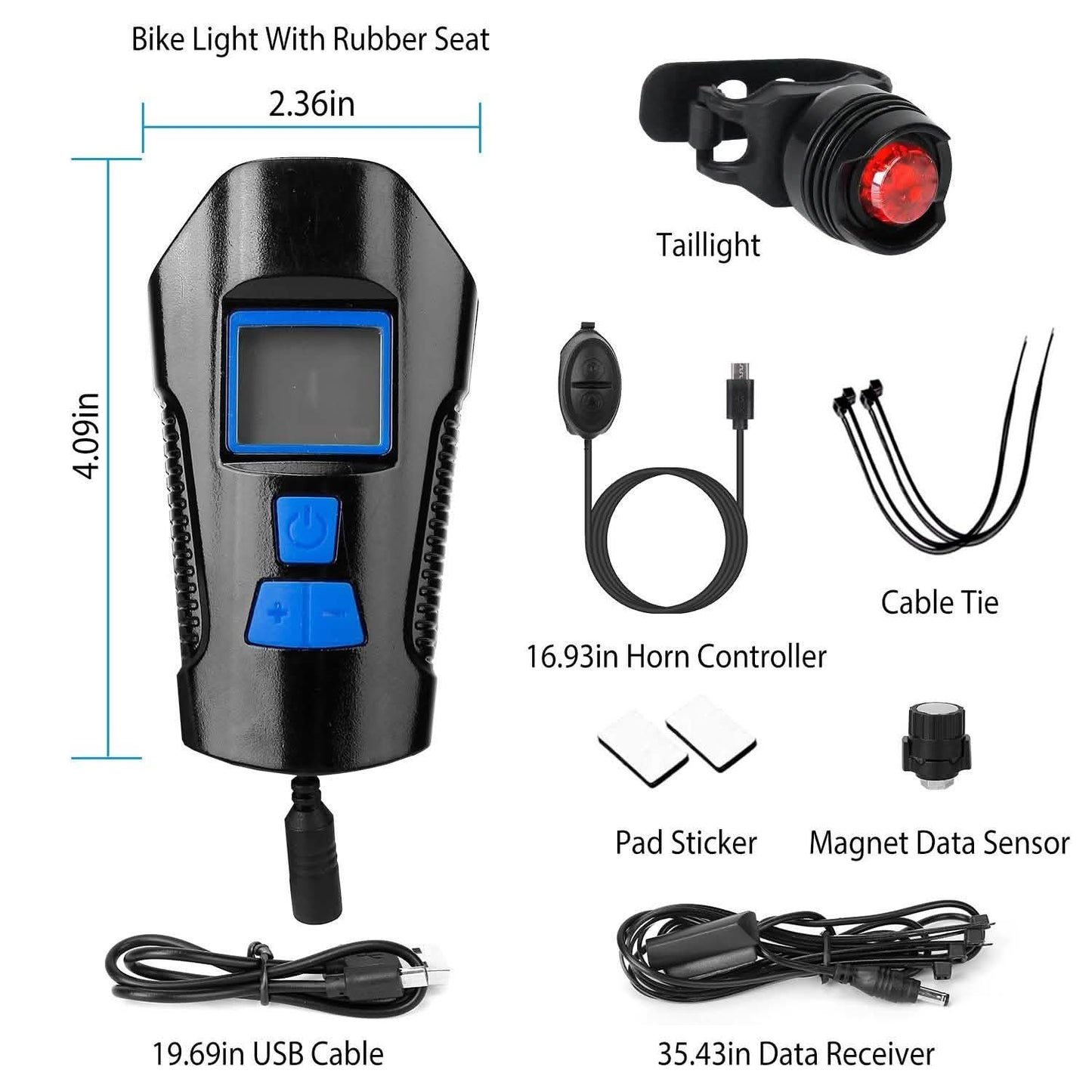 USB wiederaufladbares Fahrradlicht-Set mit Tachometer und Kilometerzähler