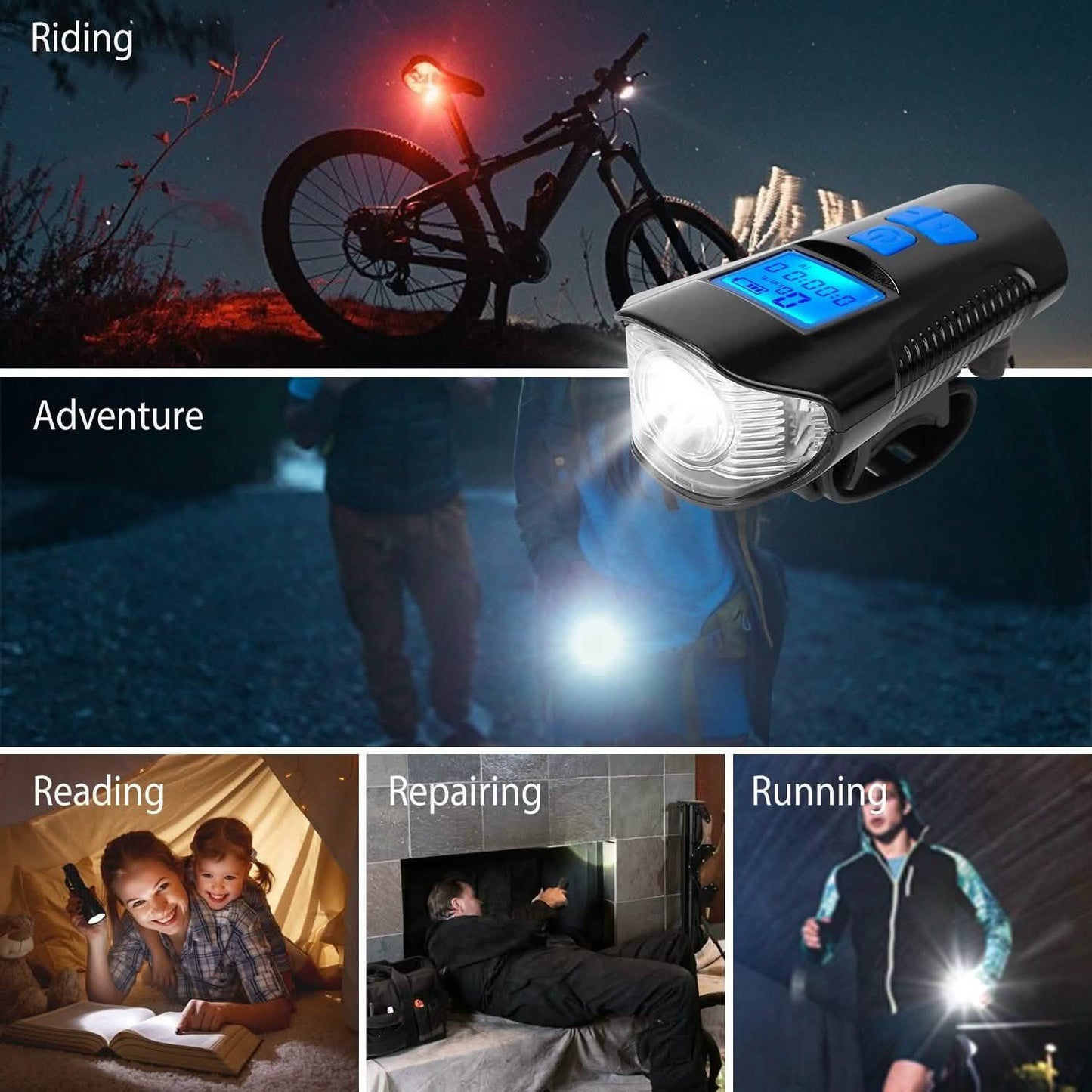 USB wiederaufladbares Fahrradlicht-Set mit Tachometer und Kilometerzähler