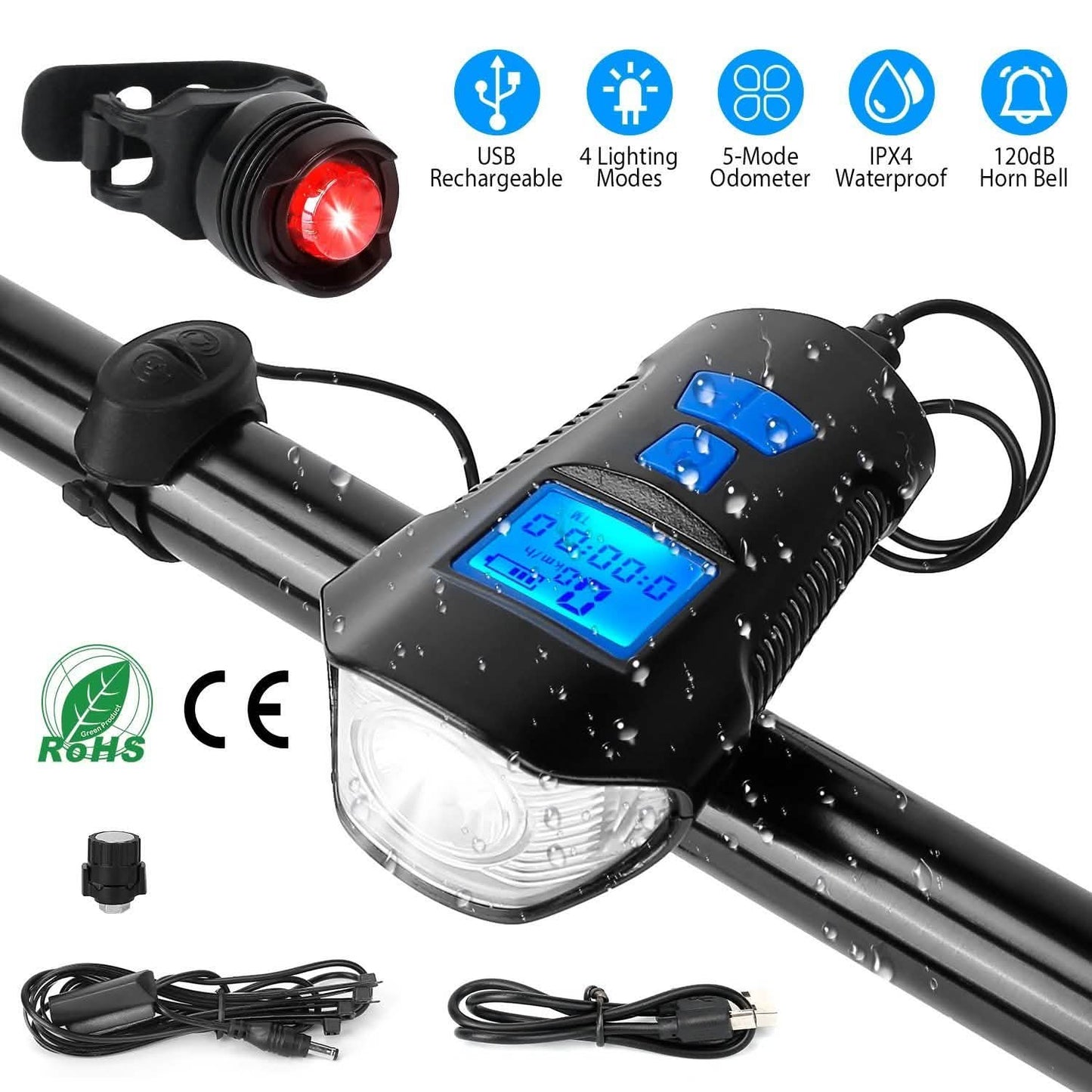 USB wiederaufladbares Fahrradlicht-Set mit Tachometer und Kilometerzähler