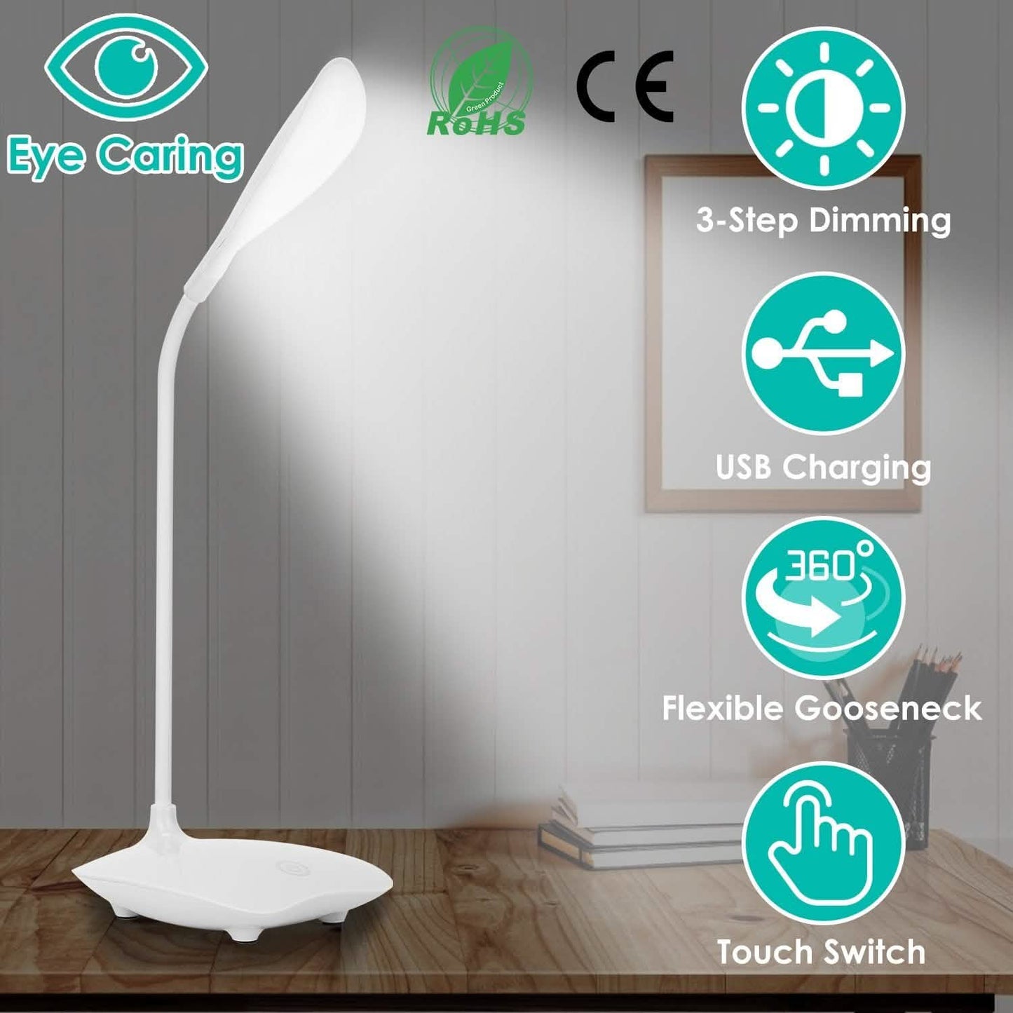 USB wiederaufladbare Tischlampe Dimmbare LED Flexible Schwanenhals-Schreibtischlampe