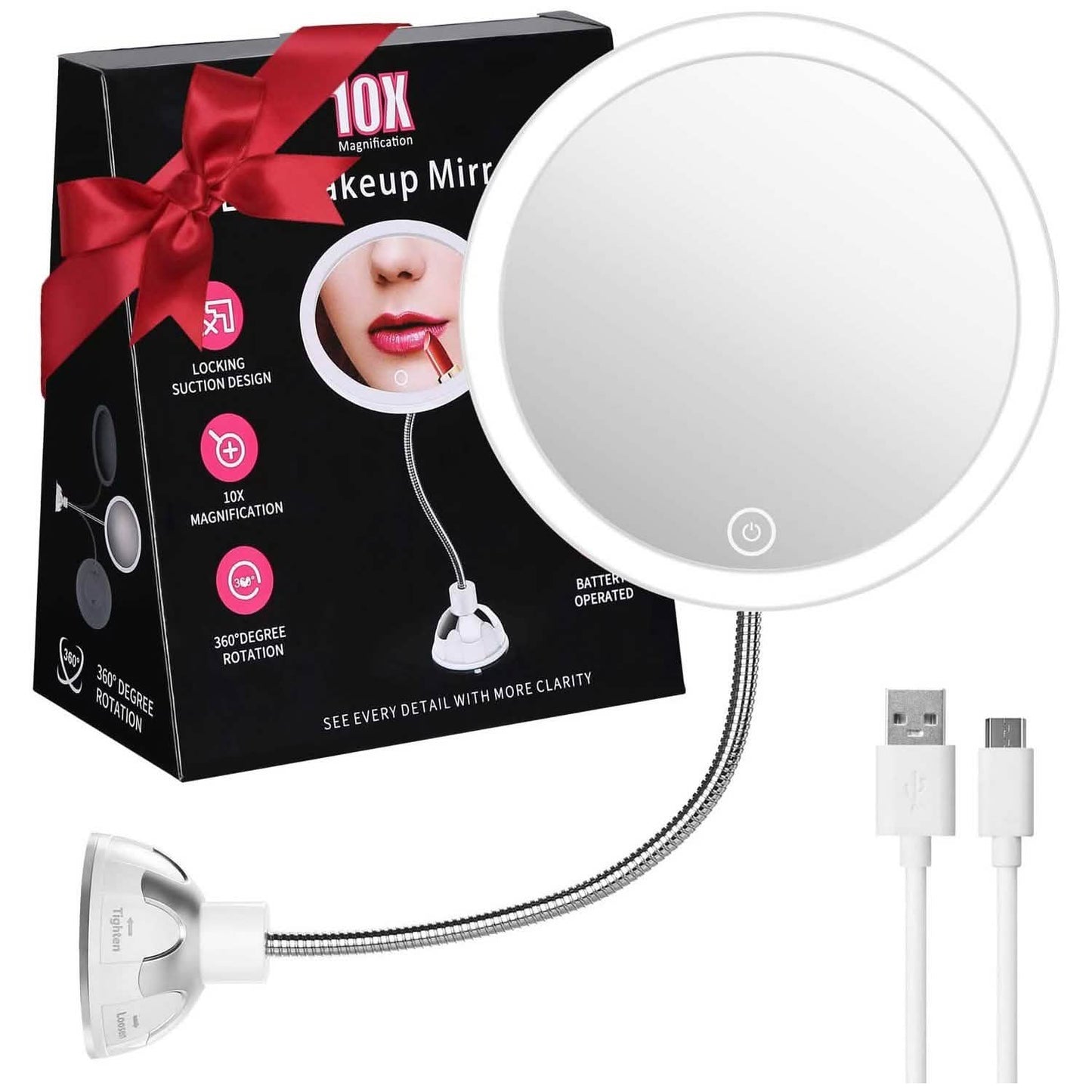Kosmetikspiegel 10-fache Vergrößerung LED beleuchtet Make-up Schwenkbar Saugnapf Kompakt Zusammenklappbar