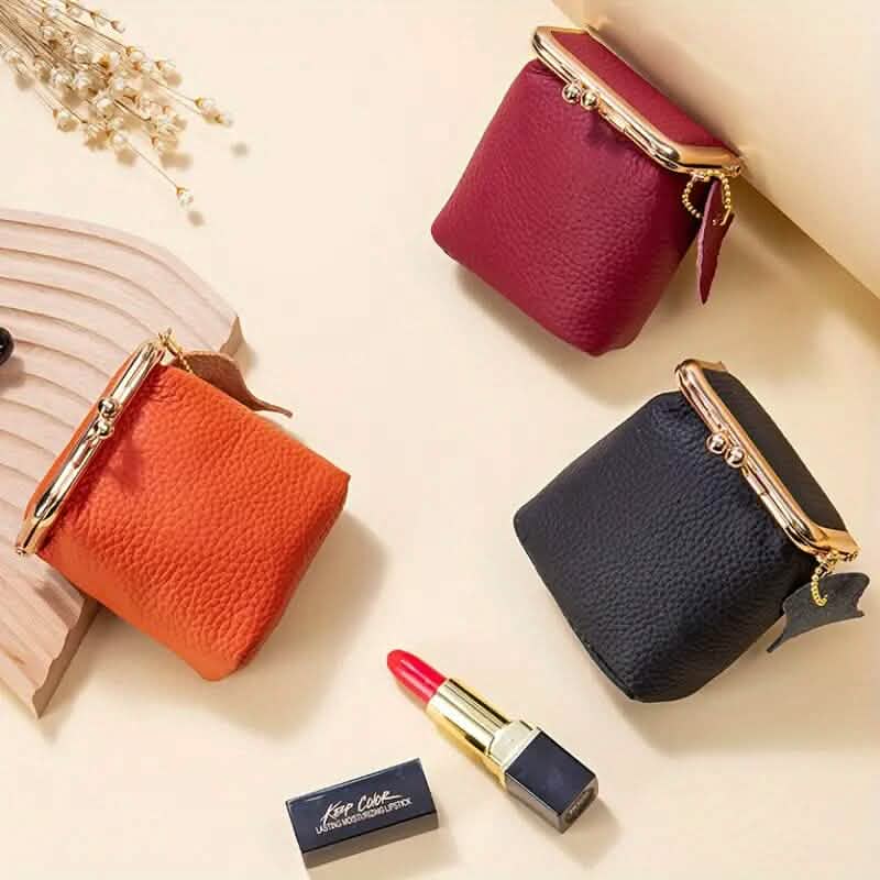 Vintage Echtes Leder Mini Handtaschen-Organizer mit sicherem Bügelverschluss