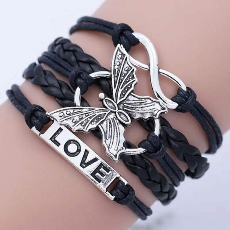 Vintage Handmade Mehrlagiges Lederarmband mit Buchstaben Liebe und Schmetterling