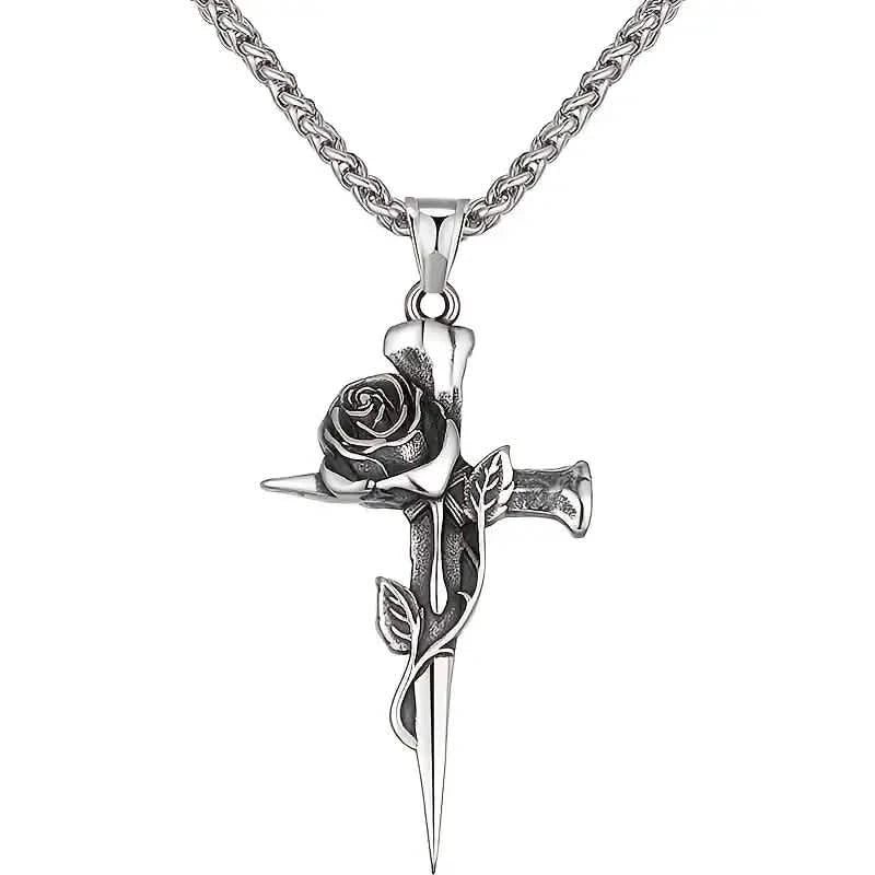 Vintage-inspirierte Herren Halskette mit Anhänger aus Titanstahl - Einzigartiges Kehlketten-Design mit Kreuz- und Rosenakzenten