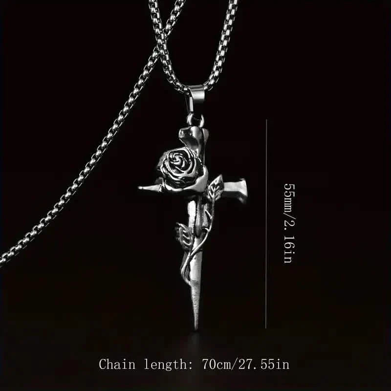 Vintage-inspirierte Herren Halskette mit Anhänger aus Titanstahl - Einzigartiges Kehlketten-Design mit Kreuz- und Rosenakzenten