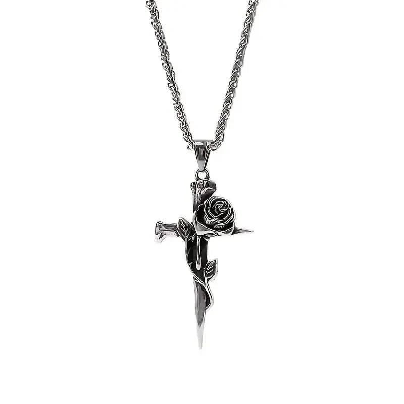 Vintage-inspirierte Herren Halskette mit Anhänger aus Titanstahl - Einzigartiges Kehlketten-Design mit Kreuz- und Rosenakzenten