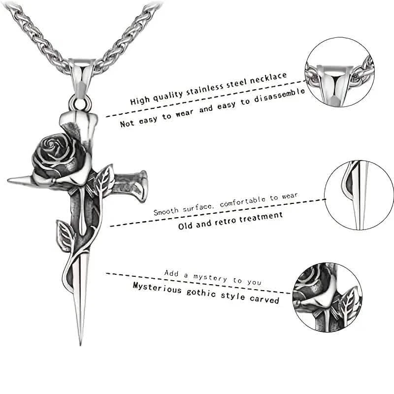 Vintage-inspirierte Herren Halskette mit Anhänger aus Titanstahl - Einzigartiges Kehlketten-Design mit Kreuz- und Rosenakzenten