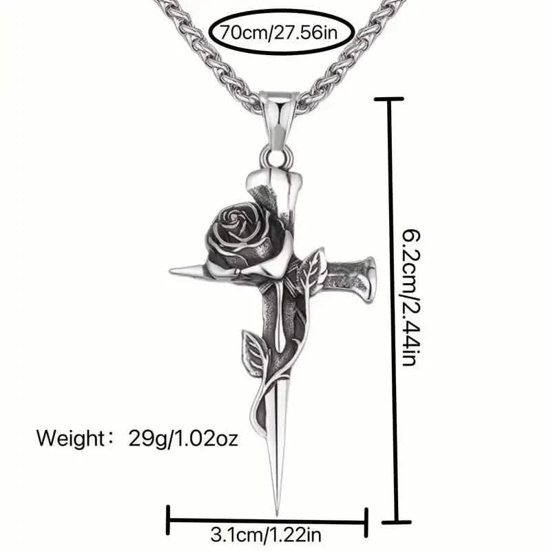 Vintage-inspirierte Herren Halskette mit Anhänger aus Titanstahl - Einzigartiges Kehlketten-Design mit Kreuz- und Rosenakzenten