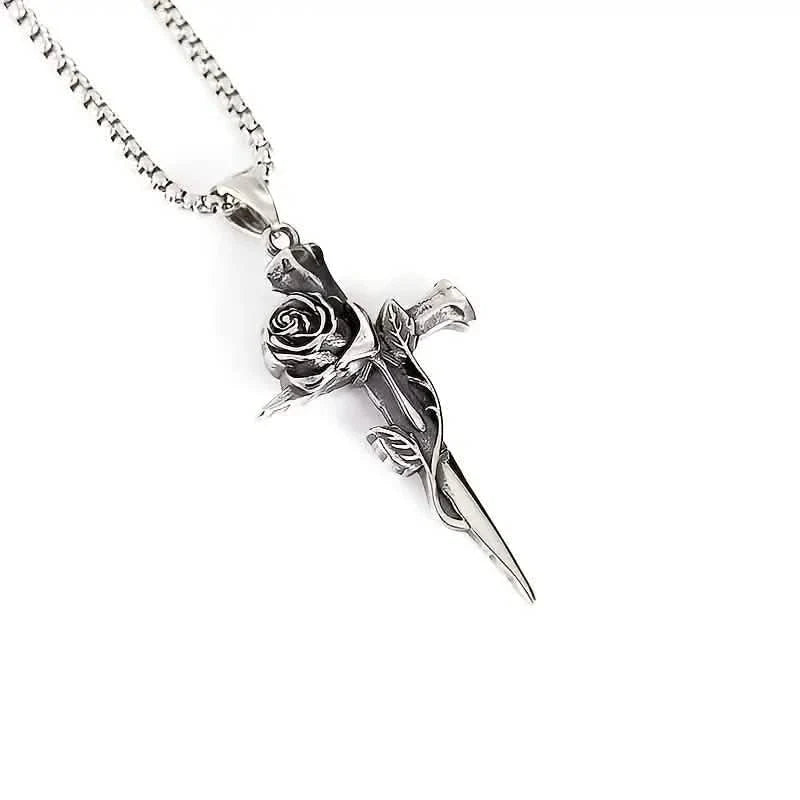 Vintage-inspirierte Herren Halskette mit Anhänger aus Titanstahl - Einzigartiges Kehlketten-Design mit Kreuz- und Rosenakzenten