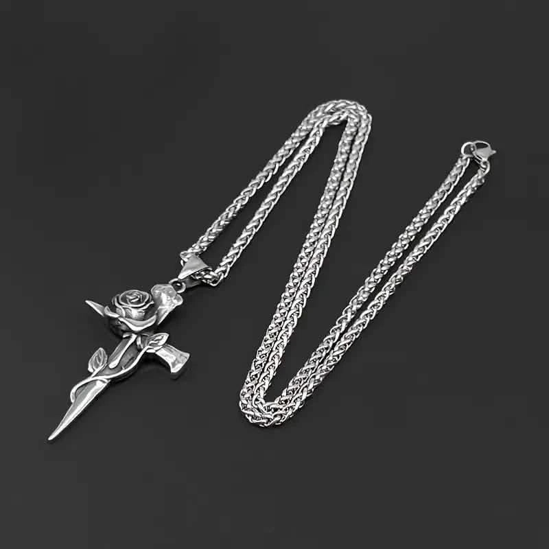 Vintage-inspirierte Herren Halskette mit Anhänger aus Titanstahl - Einzigartiges Kehlketten-Design mit Kreuz- und Rosenakzenten