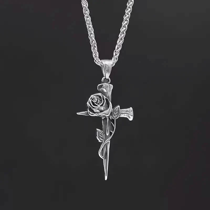 Vintage-inspirierte Herren Halskette mit Anhänger aus Titanstahl - Einzigartiges Kehlketten-Design mit Kreuz- und Rosenakzenten