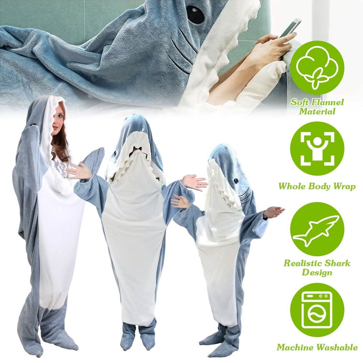 Tragbarer Hai-Schlafsack-Overall mit Reißverschluss