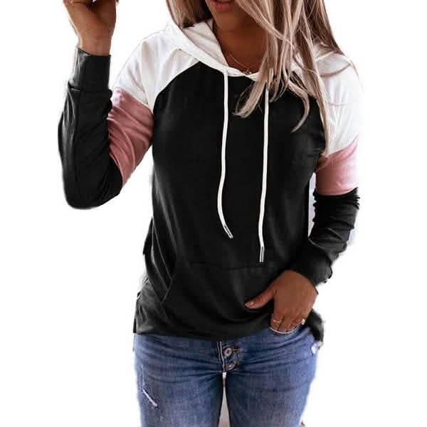 Winter Damenmode Lässige Sweatshirts Langarm Kapuzenpullover Lockere Farbblock-Taschen-Sweatshirts