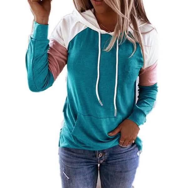 Winter Damenmode Lässige Sweatshirts Langarm Kapuzenpullover Lockere Farbblock-Taschen-Sweatshirts