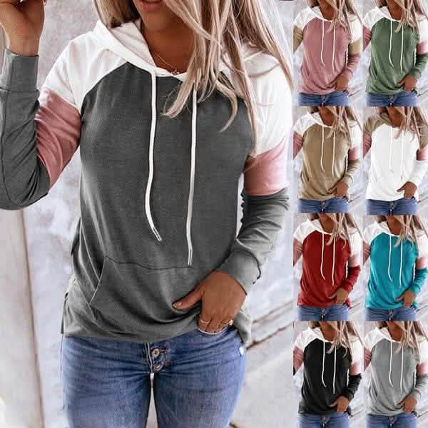 Winter Damenmode Lässige Sweatshirts Langarm Kapuzenpullover Lockere Farbblock-Taschen-Sweatshirts