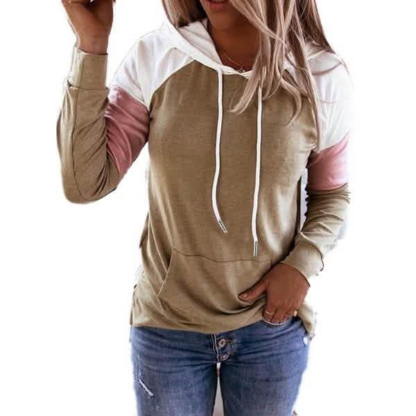Winter Damenmode Lässige Sweatshirts Langarm Kapuzenpullover Lockere Farbblock-Taschen-Sweatshirts