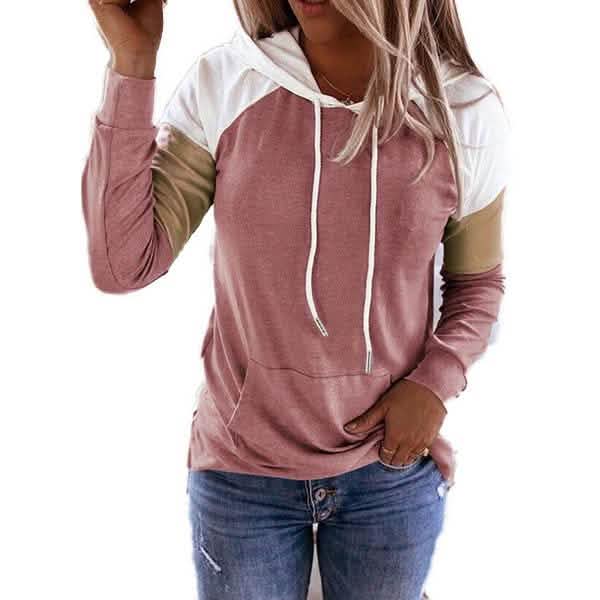 Winter Damenmode Lässige Sweatshirts Langarm Kapuzenpullover Lockere Farbblock-Taschen-Sweatshirts