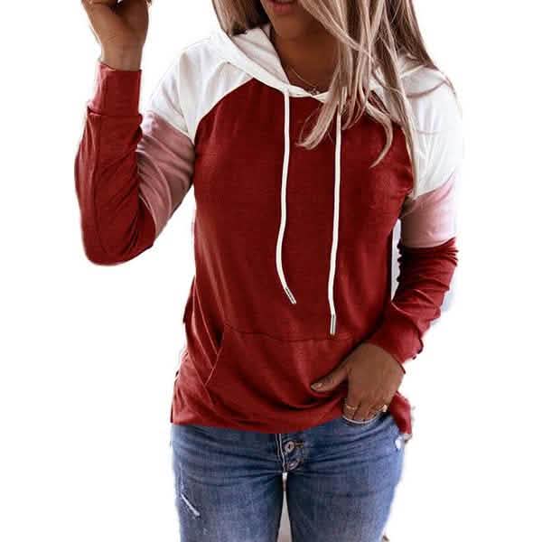 Winter Damenmode Lässige Sweatshirts Langarm Kapuzenpullover Lockere Farbblock-Taschen-Sweatshirts