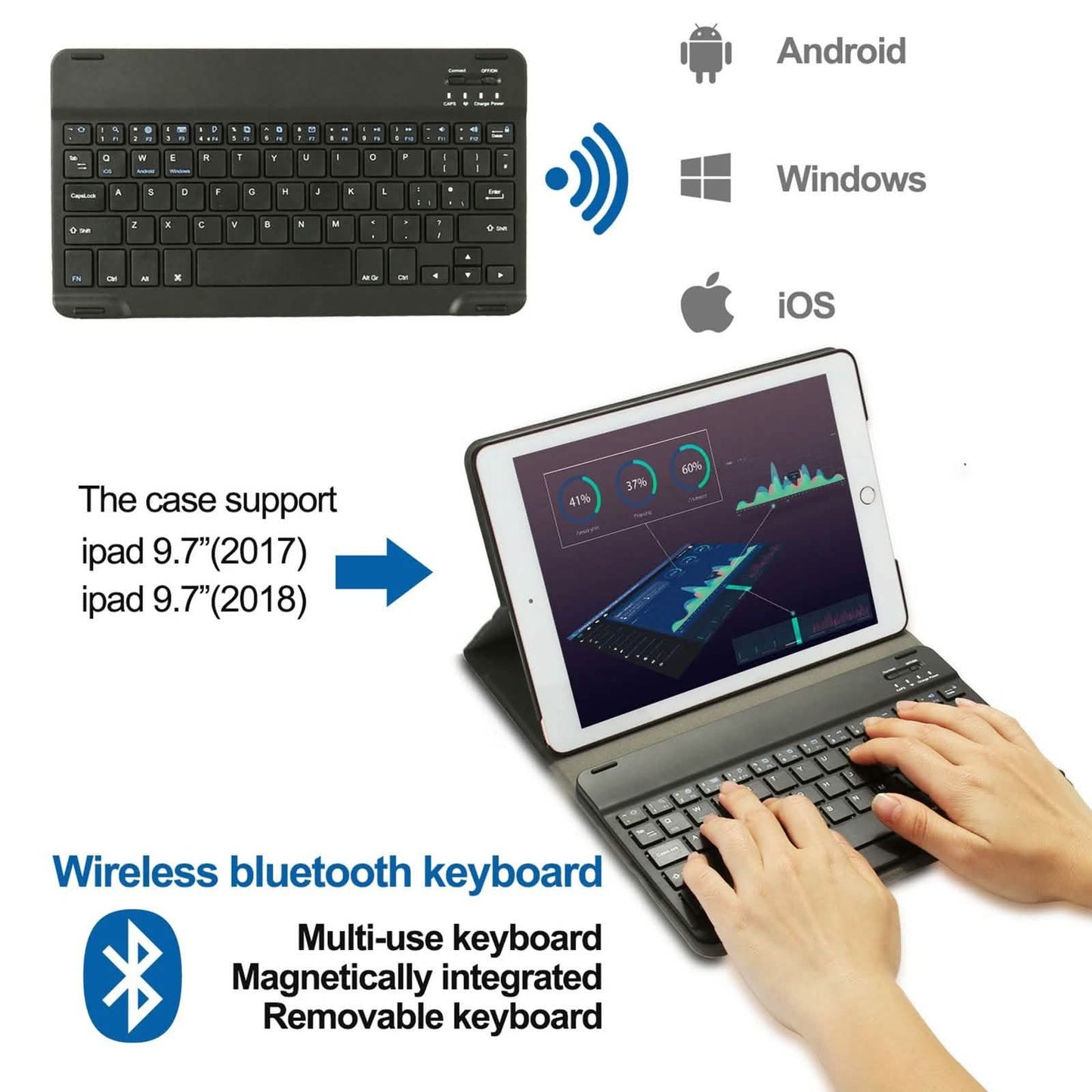 Kabellose Bluetooth-Tastaturhülle mit Tastatur für iPad 9.7" 17/18 A1822, A1823 und A1893