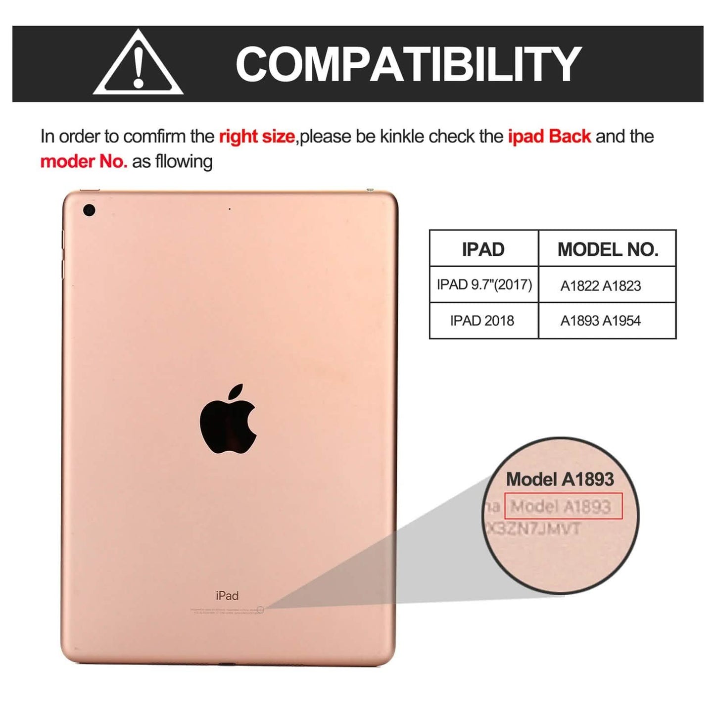 Kabellose Bluetooth-Tastaturhülle mit Tastatur für iPad 9.7" 17/18 A1822, A1823 und A1893