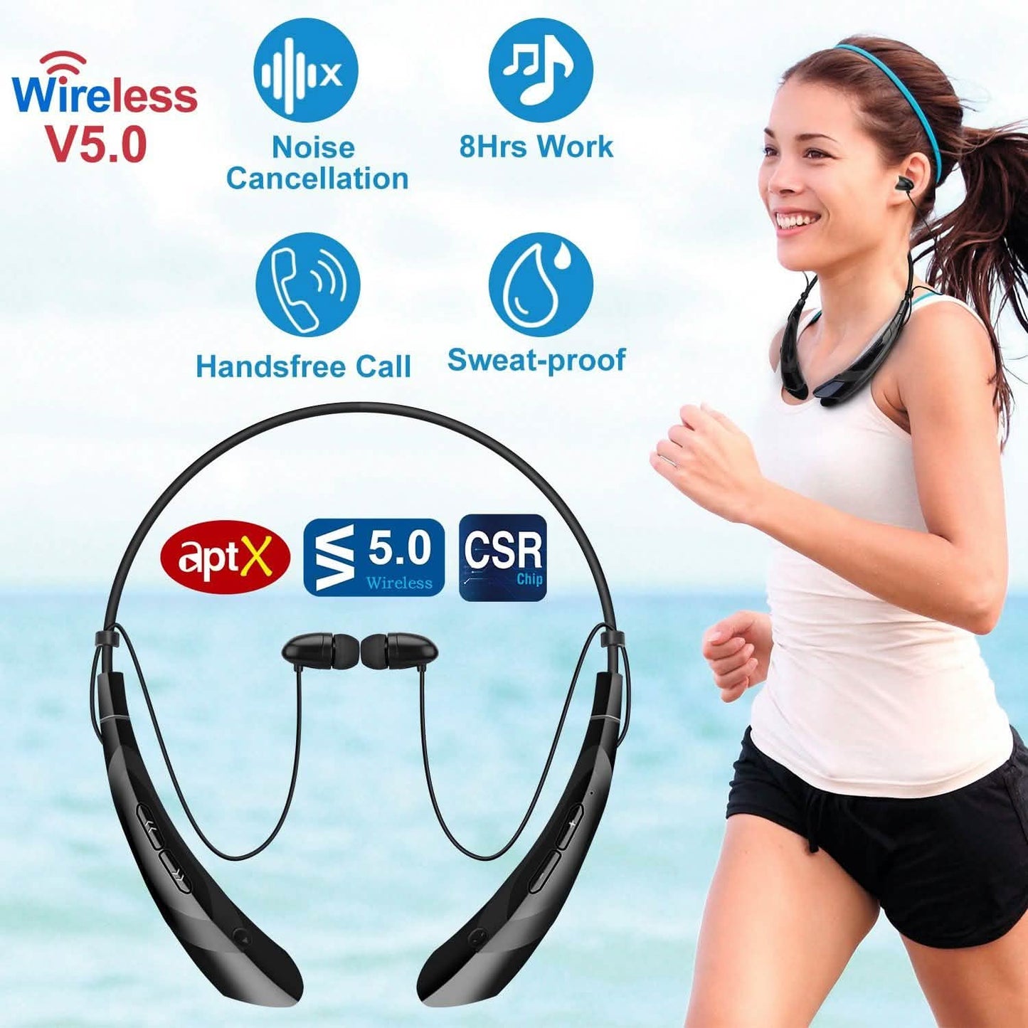 Kabellose Nackenbügel-Kopfhörer V 5.0, schweißfeste Sport-Headsets