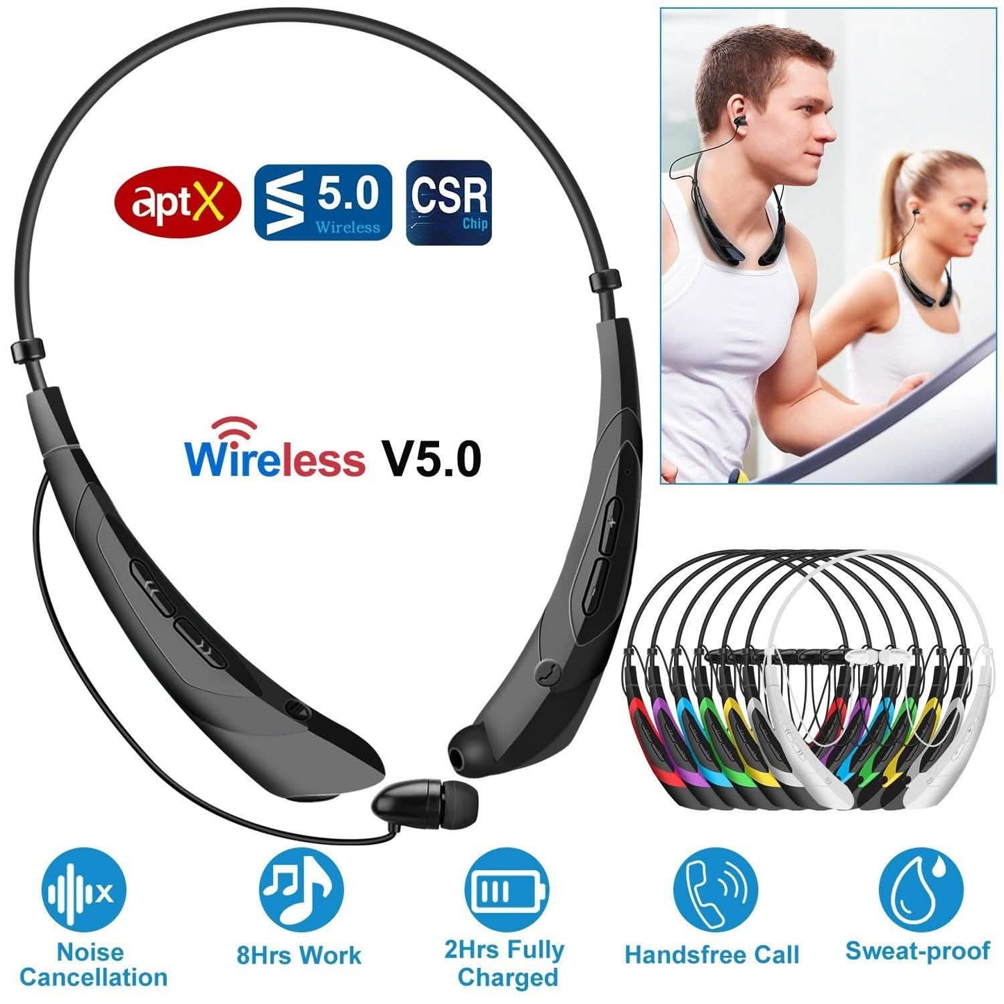 Kabellose Nackenbügel-Kopfhörer V 5.0, schweißfeste Sport-Headsets