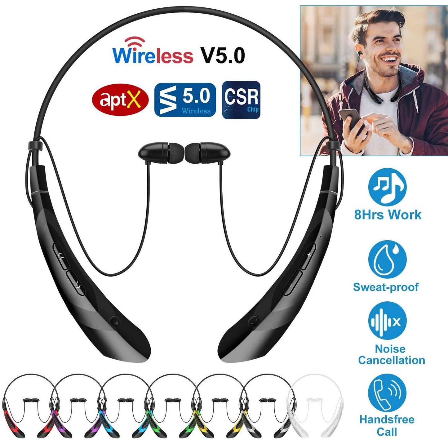 Kabellose Nackenbügel-Kopfhörer V 5.0, schweißfeste Sport-Headsets