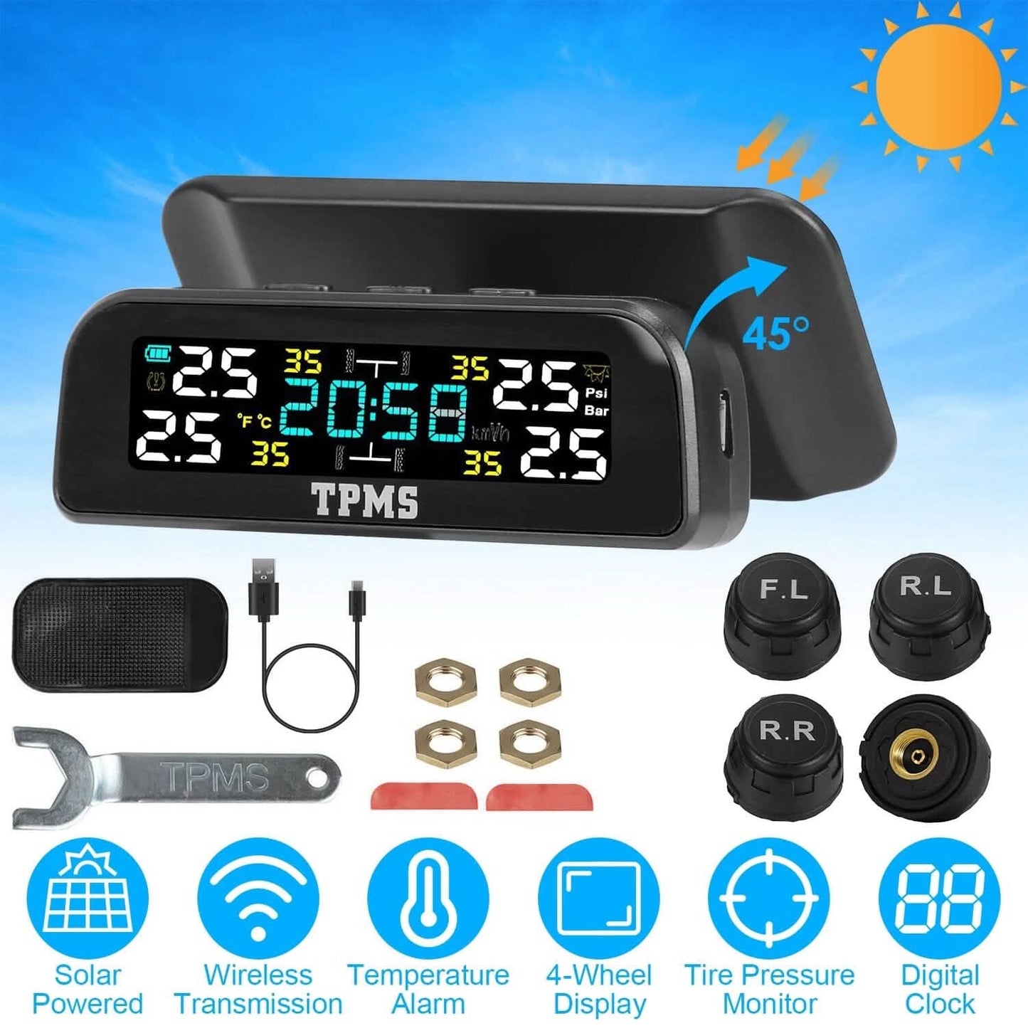 Kabelloses Solar-Reifendruckkontrollsystem Auto Reifendruck mit Sensoren Temperaturalarm