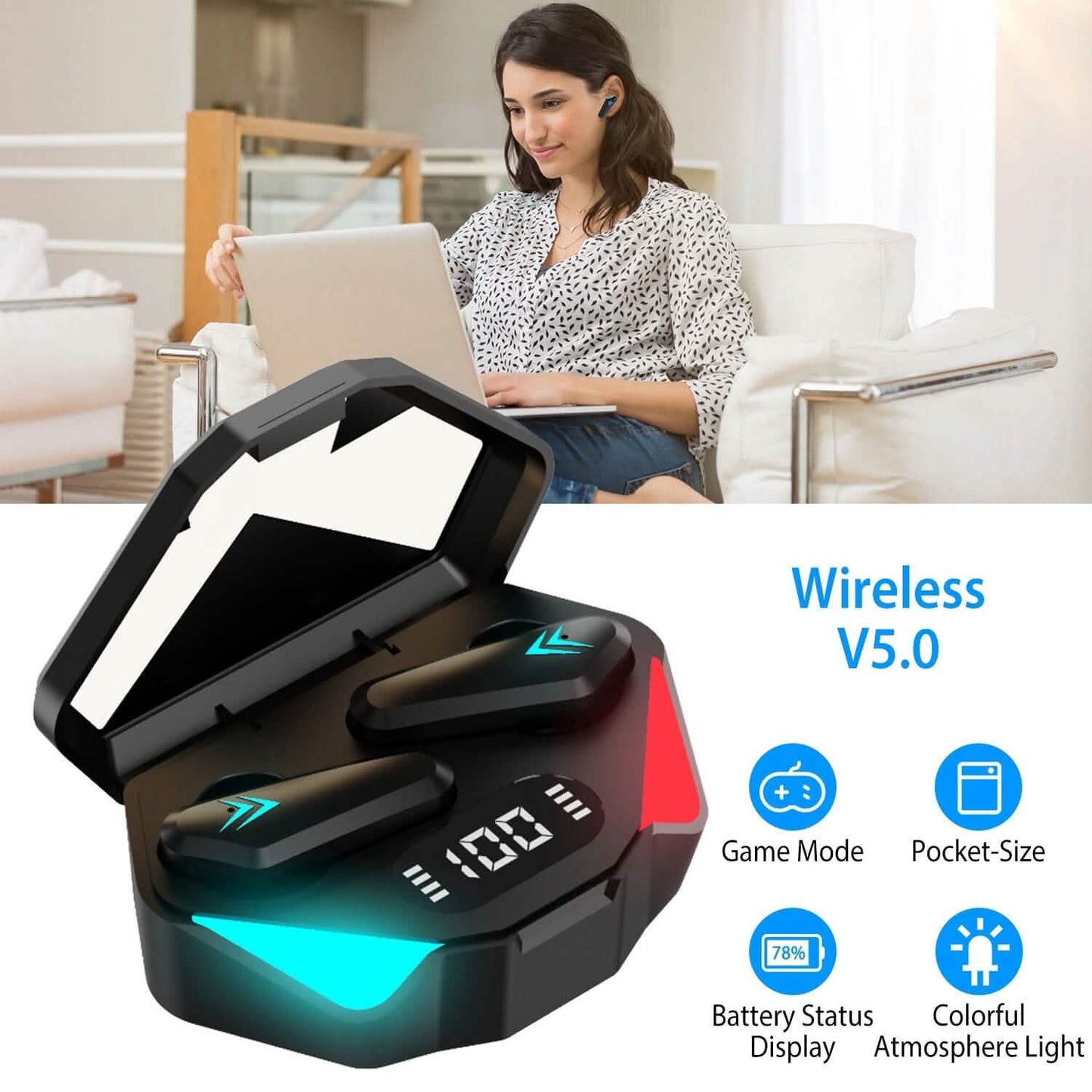 Kabelloses TWS 5.0 In-Ear-Kopfhörer-Headset mit Ladecase und Low-Latency-Gaming-Modus