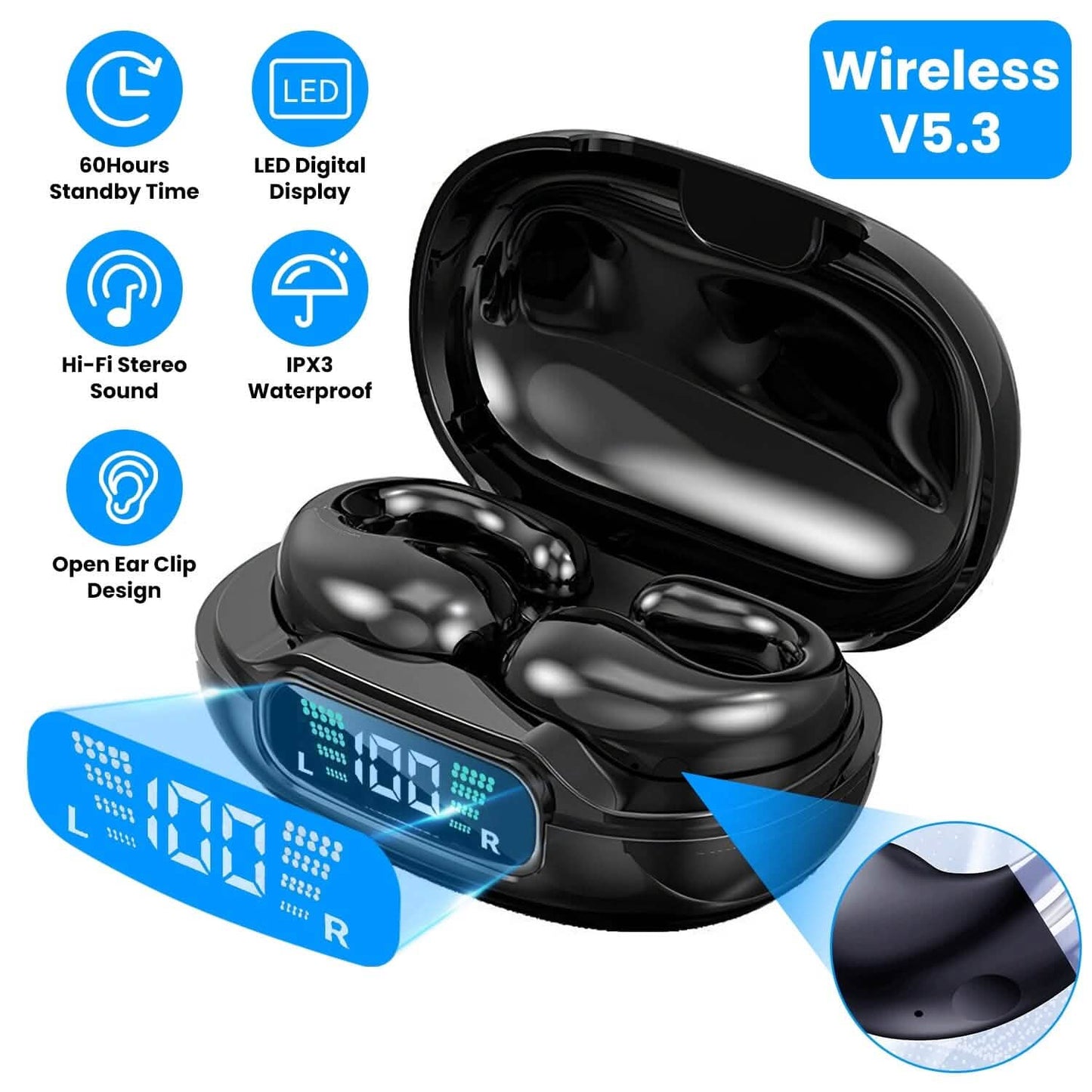Kabellose V5.3 Open-Ear-Clip-Kopfhörer IPX3 Wasserdicht Ultra Open-Ear-Kopfhörer mit LED-Anzeige