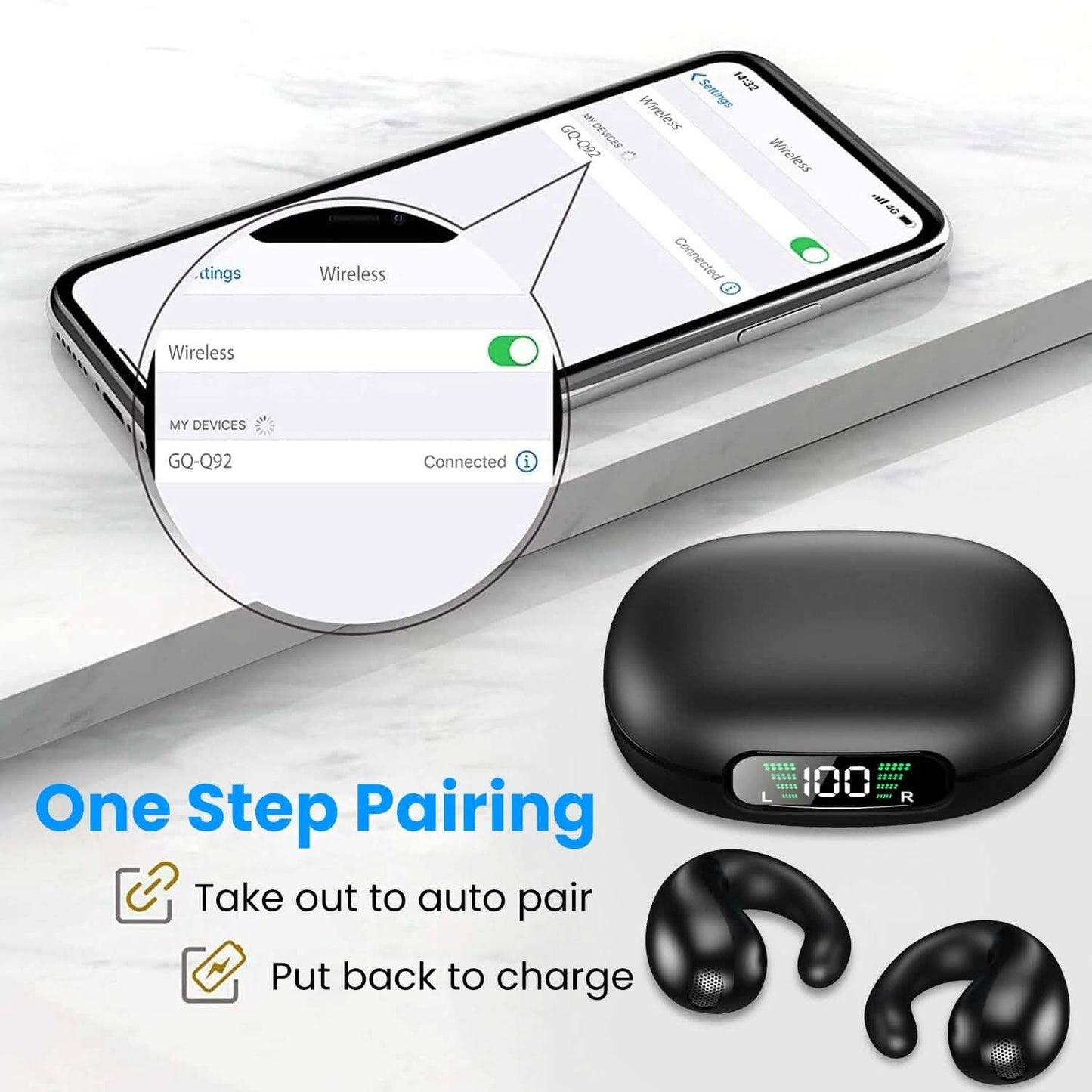 Kabellose V5.3 Open-Ear-Clip-Kopfhörer IPX3 Wasserdicht Ultra Open-Ear-Kopfhörer mit LED-Anzeige