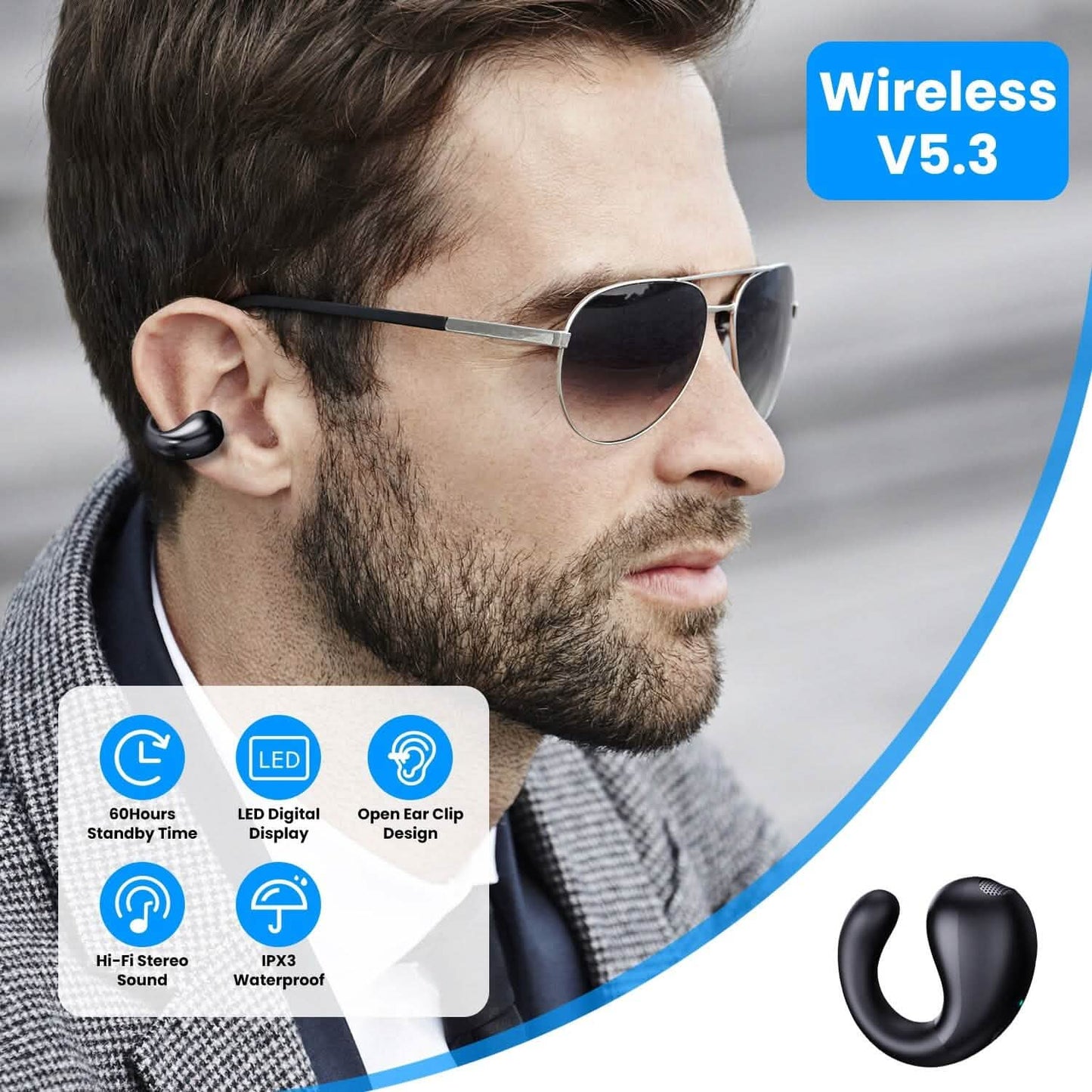 Kabellose V5.3 Open-Ear-Clip-Kopfhörer IPX3 Wasserdicht Ultra Open-Ear-Kopfhörer mit LED-Anzeige