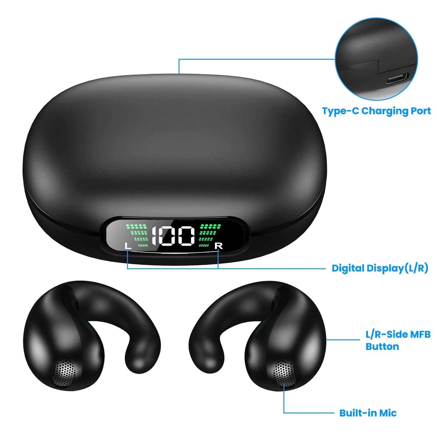 Kabellose V5.3 Open-Ear-Clip-Kopfhörer IPX3 Wasserdicht Ultra Open-Ear-Kopfhörer mit LED-Anzeige