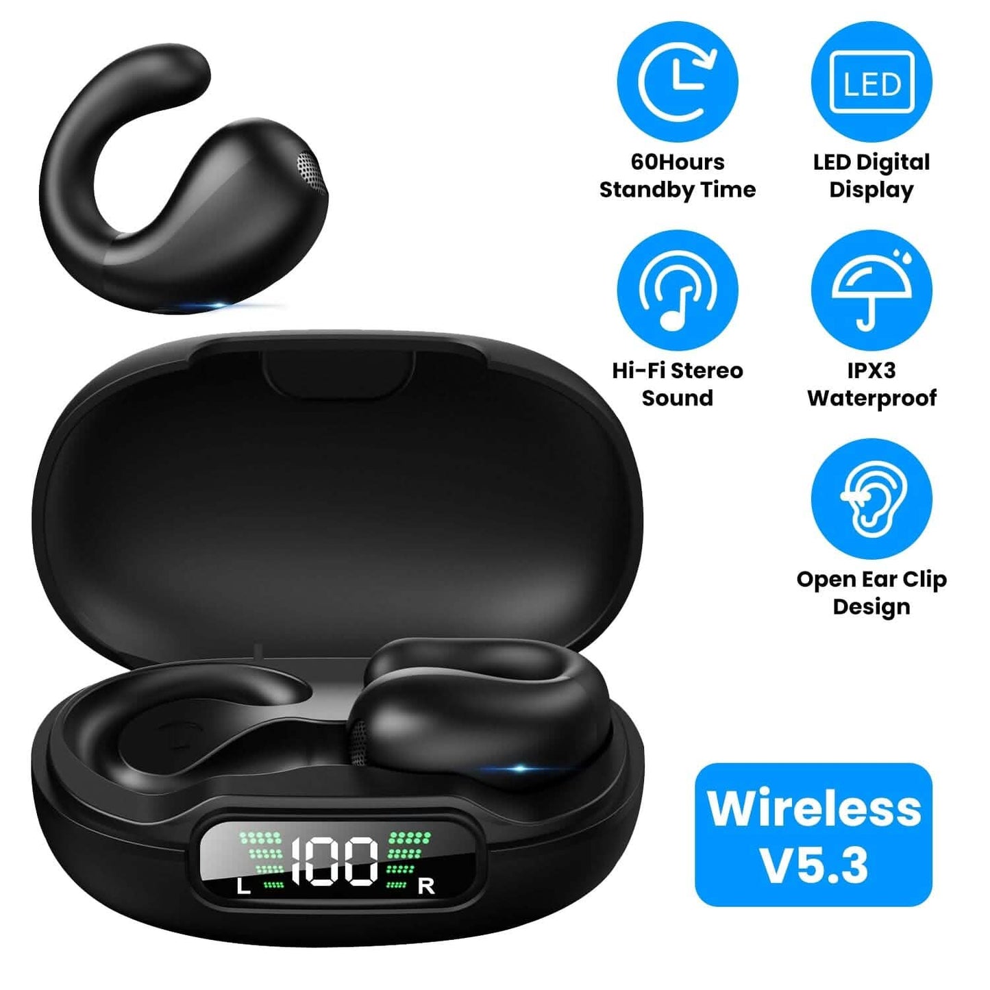 Kabellose V5.3 Open-Ear-Clip-Kopfhörer IPX3 Wasserdicht Ultra Open-Ear-Kopfhörer mit LED-Anzeige