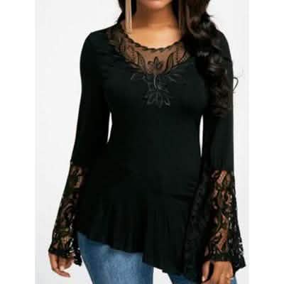 Damen Casual Irreguläres T-Shirt mit Langarm-Spitzenbesatz Übergrößen-Shirts