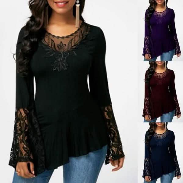 Damen Casual Irreguläres T-Shirt mit Langarm-Spitzenbesatz Übergrößen-Shirts