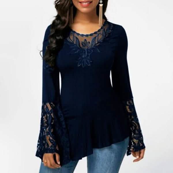 Damen Casual Irreguläres T-Shirt mit Langarm-Spitzenbesatz Übergrößen-Shirts