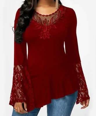 Damen Casual Irreguläres T-Shirt mit Langarm-Spitzenbesatz Übergrößen-Shirts