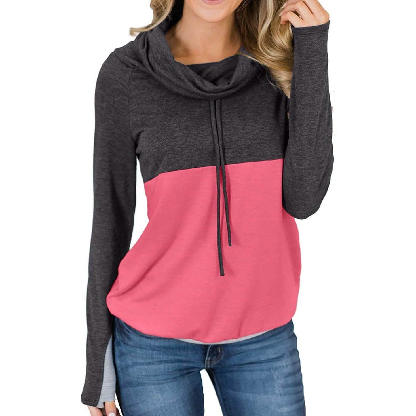 Damen Rollkragen lässige Tunika Sweatshirts Kordelzug Langarm Color Block Patchwork Pullover Tops