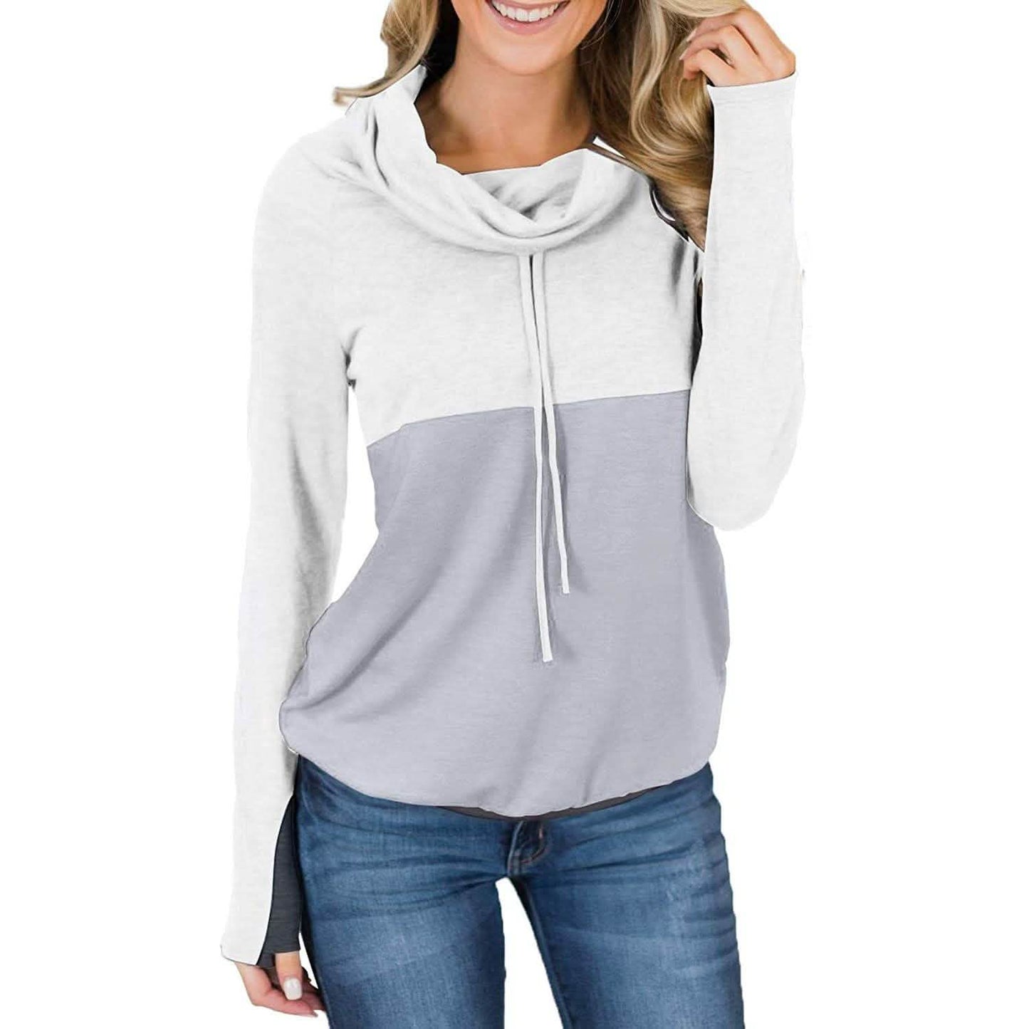 Damen Rollkragen lässige Tunika Sweatshirts Kordelzug Langarm Color Block Patchwork Pullover Tops