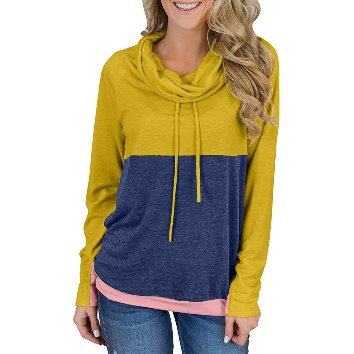 Damen Rollkragen lässige Tunika Sweatshirts Kordelzug Langarm Color Block Patchwork Pullover Tops