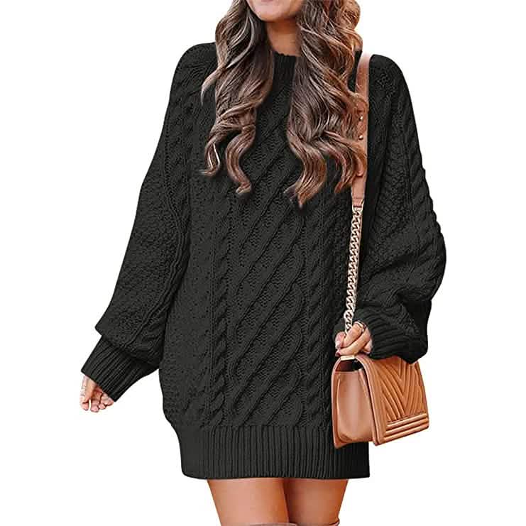 Damen Rundhals Langarm Oversized Zopfstrick Grobstrick Pullover Kurze Strickkleider
