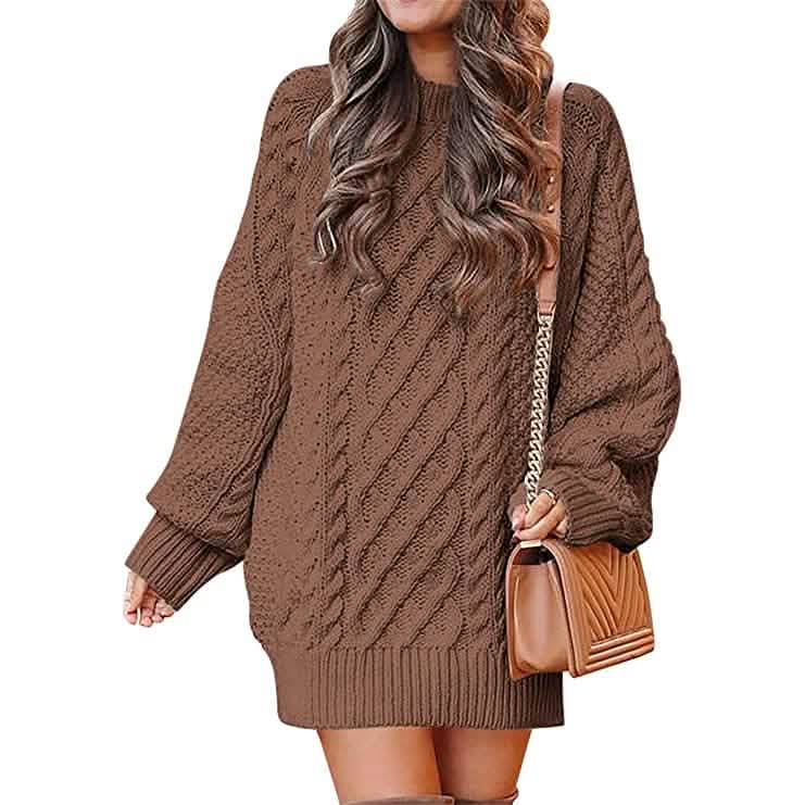 Damen Rundhals Langarm Oversized Zopfstrick Grobstrick Pullover Kurze Strickkleider