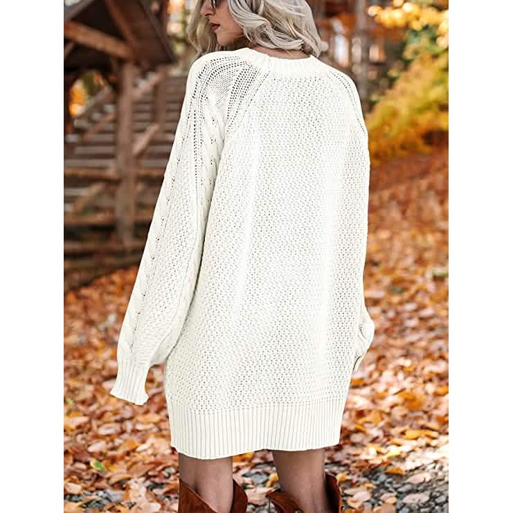Damen Rundhals Langarm Oversized Zopfstrick Grobstrick Pullover Kurze Strickkleider